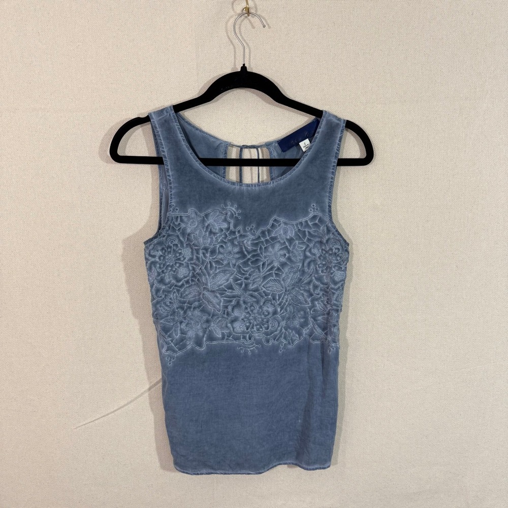 Blue Rain Women Blue Floral Embroidered Tie Back Tassel Tank Top Small 46059